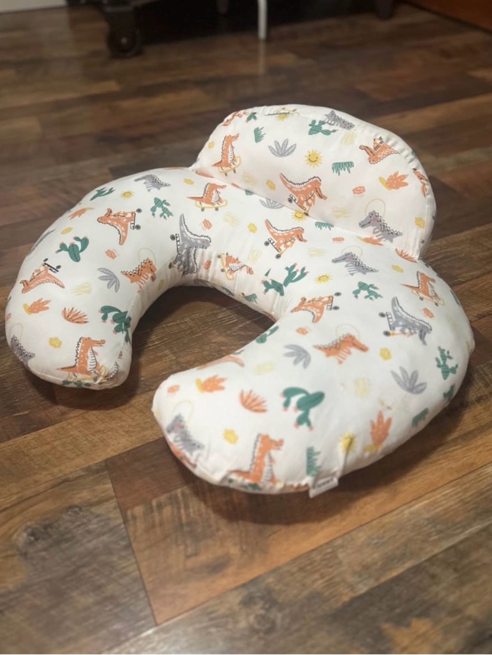Neutral Dinosaur Print Nursing Pillow - White with Orange & Green Accents